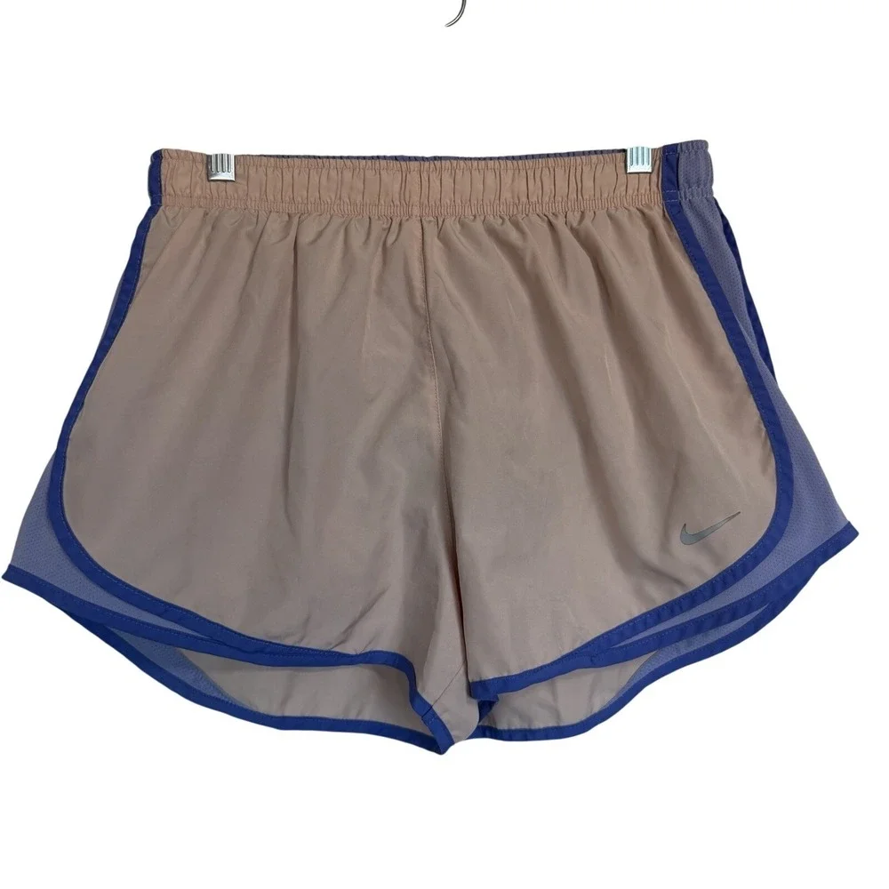 Nike‎ Dri-FIT Tempo Womens Running Shorts Tan Purple Trim Size L 3 Inch Inseam